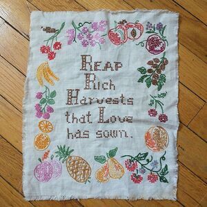 Vtg Linen Cross Stitch Embroidered Reap Rich Harvests Farm Fruits 11x14